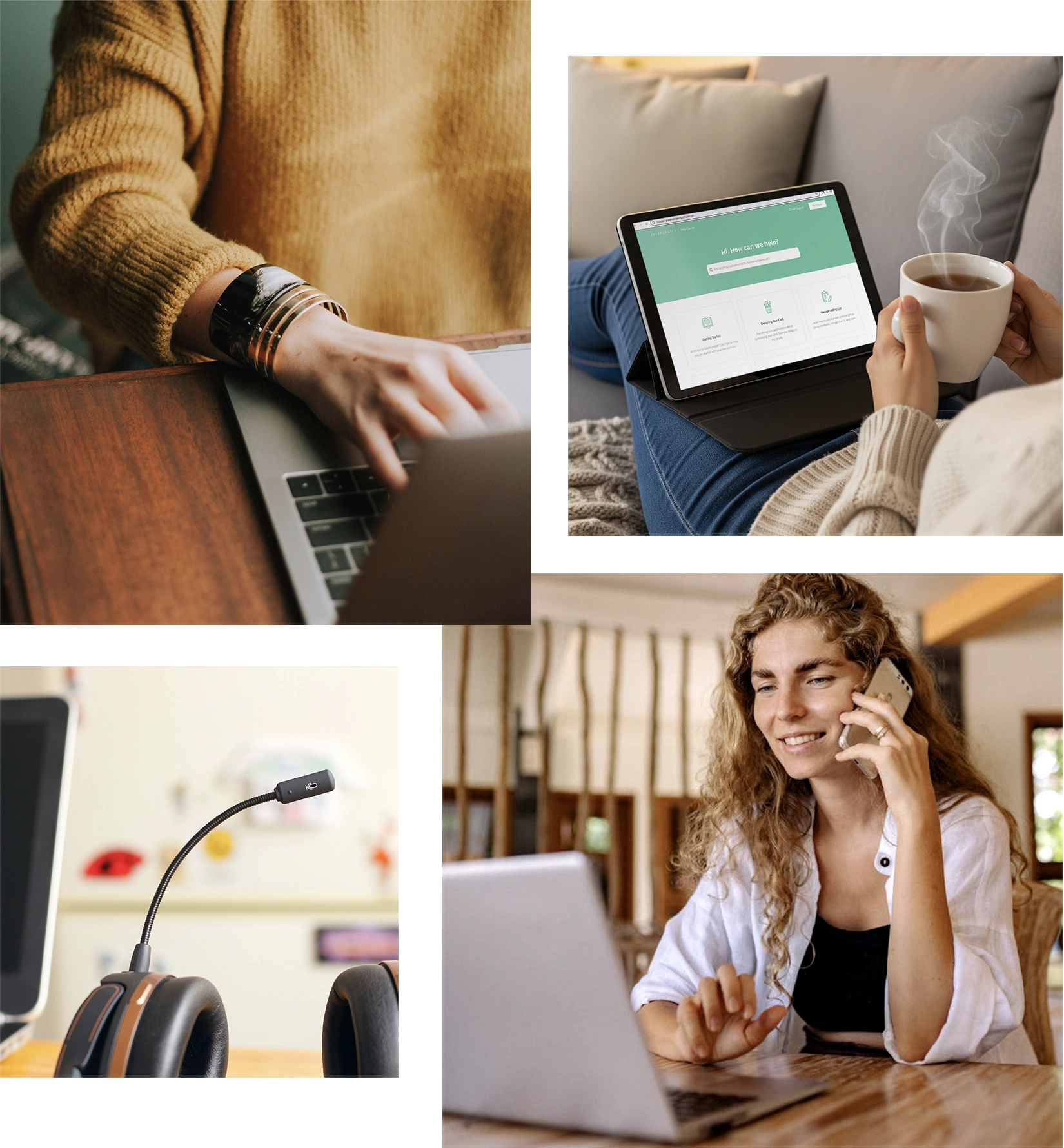 Collage of customer support channels including phone, chat, and headset