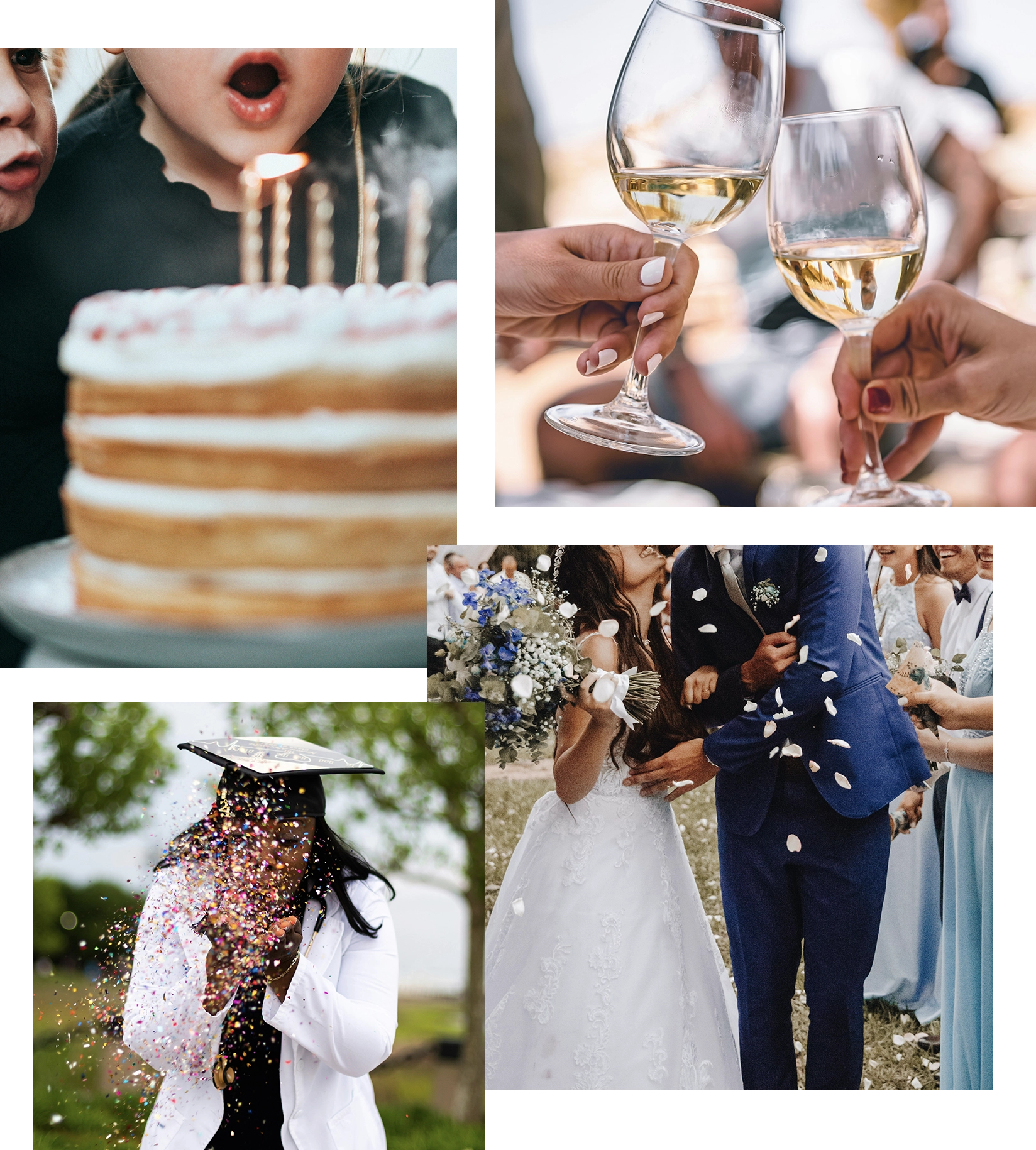 Collage of wedding, birthday, baby shower, and holiday event invitations